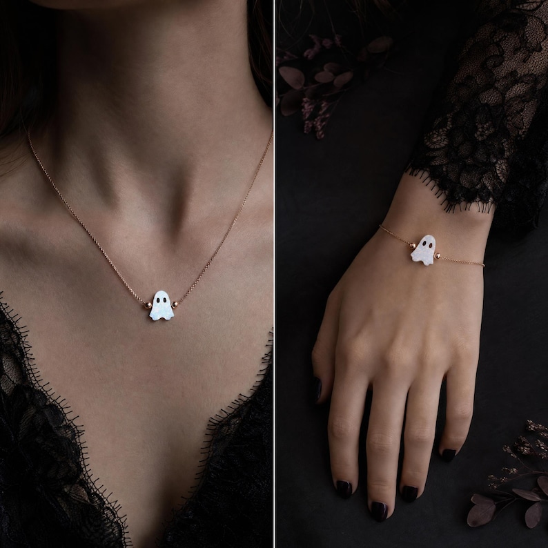 Bracciale fantasma in opale bianco con catena in argento sterling, bracciale di Halloween immagine 2