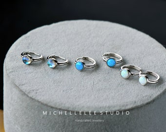 Minimalist White Opal Huggie Hoop Earrings in Sterling Silver, Fire Opal Hoops Earrings, Simple Geometric Jewellery