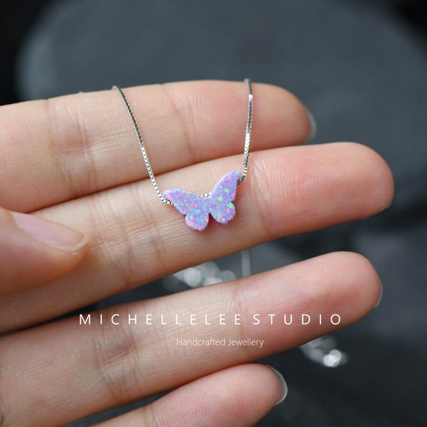 Opal Necklace, Purple Opal Butterfly Pendant Necklace in Sterling Silver, Matching Stud Earrings, Lavender Purple Opal Necklace