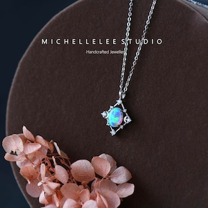 Dainty Oval Opal Sterling Silver Necklace,  Fire Opal Necklace, White and Blue Opal Necklace, Birthstone