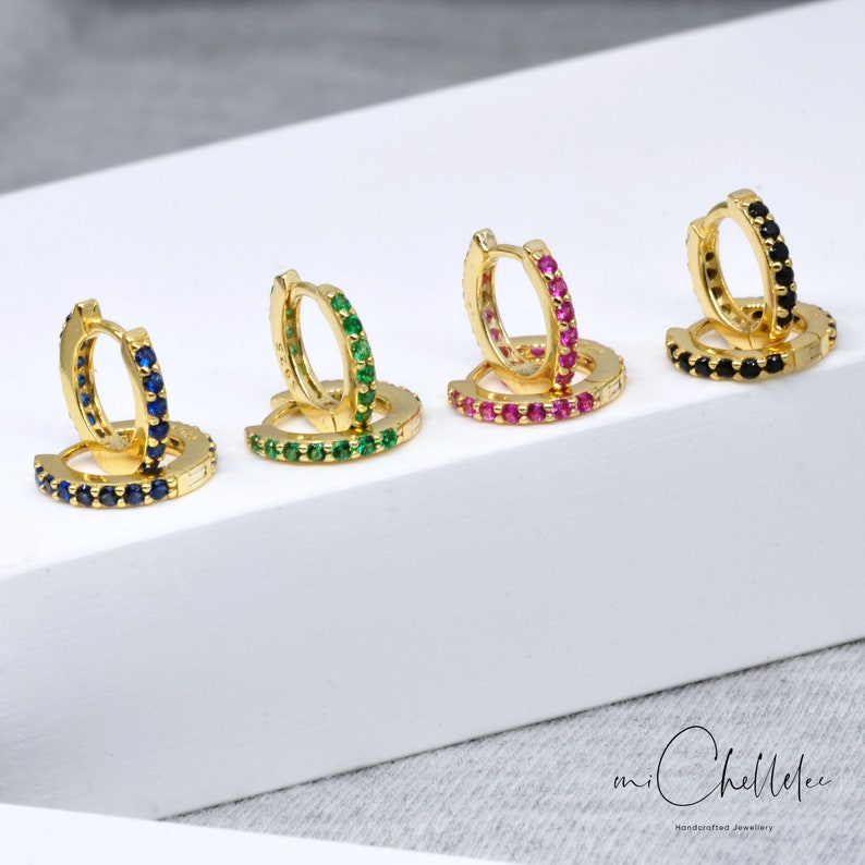 Small Sterling Silver Huggie Hoop Earrings with Emerald Green Etsy