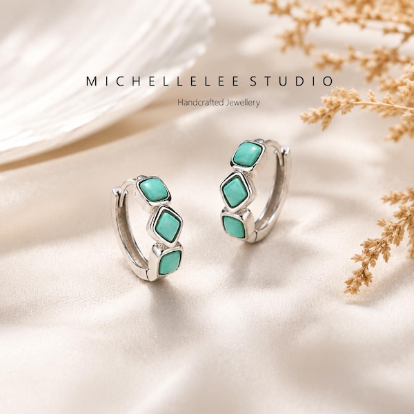 Natural Turquoise Huggie Earrings, 925 Sterling Silver Geometric Hoop Earrings, Dainty Minimalist Jewellery, Gift for Her