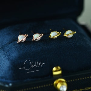 White Fire Opal Planet Stud Earrings, Saturn Earrings, 18K Gold Plated Fire Opal Bead Stud, Minimalist Geometric image 2