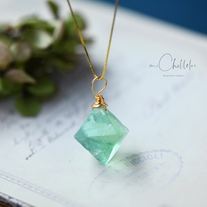 Raw Green Fluorite Crystal Pendant Necklace, Octahedron shaped Crystal Necklace, Gold Wire Wrapped Pendent Necklace