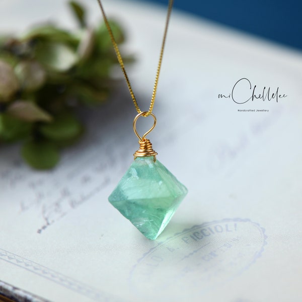Raw Green Fluorite Crystal Pendant Necklace, Octahedron shaped Crystal Necklace, Gold Wire Wrapped Pendent Necklace