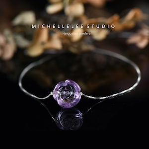 Hand Carved Natural Amethyst Flower Bracelet, Rose Flower Gemstone Sterling Silver Bracelet, February Birthstone, Gift for Her