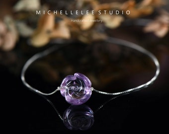 Hand Carved Natural Amethyst Flower Bracelet, Rose Flower Gemstone Sterling  Silver Bracelet, February Birthstone, Gift for Her