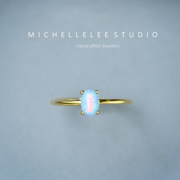 Minimalist Blue Fire Opal Adjustable Ring, Oval Opal Ring, 14K Gold and Silver Plated Fire Opal Bead Ring