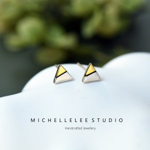 Gold and Silver Mismatched Color Triangle Stud Earrings, Minimalist Geometry Earrings image 1
