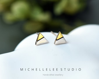 Gold and Silver Mismatched Color Triangle Stud Earrings, Minimalist Geometry Earrings