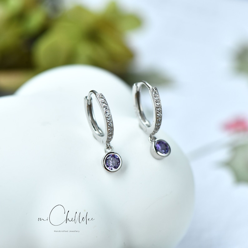 Sterling Silver Huggie Hoops with Crystal Charm, CZ Crystal Hoops Earrings, Tiny Circle Charm Earrings image 4