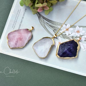 Large Natural Raw Crystal Pendant Necklace, Diamond Cut White Crystal, Rose Quartz and Amethyst, Genuine Raw Semi-Precious Gemstone