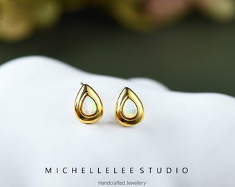 Tiny Fire Opal Droplet Stud Earrings, Teardrop White Opal Earrings, Pear Cut Opal Earrings, Chunky Earrings