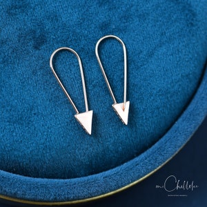 Triangle Pull Through Drop Earrings in Sterling Silver, Safety Pin Triangle with CZ Crystal Hoops Earrings,Silver and Rose Gold