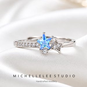 Blue Star Ring Sterling Silver, Adjustable Celestial Ring, CZ Star Jewelry Gift for Her