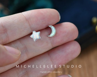 Mismatched White Opal Stud Earrings, Fire Opal Moon and Star Stud Earrings, Minimalist Geometric