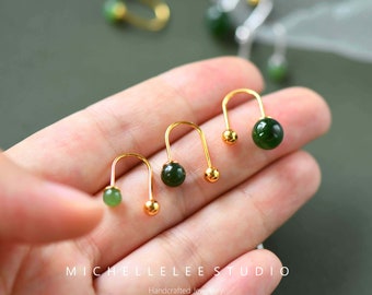 Minimalist Jade Drop Hook Earrings, Natural Jade Open Hoop Earrings with Screw Backs, Jade Bead Earrings