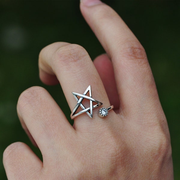 Star Wrap Ring in Oxidised Sterling Silver,Pentagram Star Ring, Open Ring, Statement Ring, CZ Crystal,Gift for Her