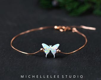 Dainty Sterling Silver Butterfly Bracelet, Synthetic Opal, October Birthstone
