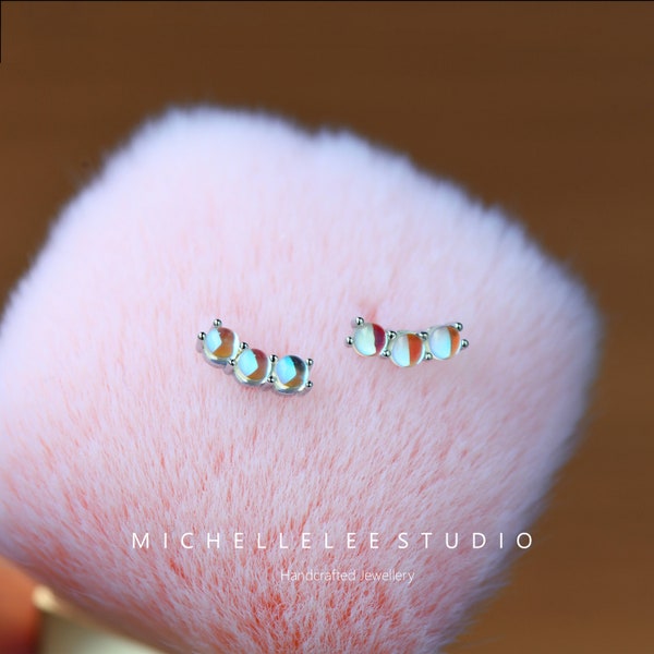 Simulated Moonstone Stud Earrings, White Crystal Sterling Silver Earrings, Stacking Earrings, Helix, Orbital