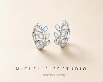 White Opal Laurel Leaf Huggie Earrings, Sterling Silver Botanical Hoop Earrings, Nature Jewelry Gift for Her