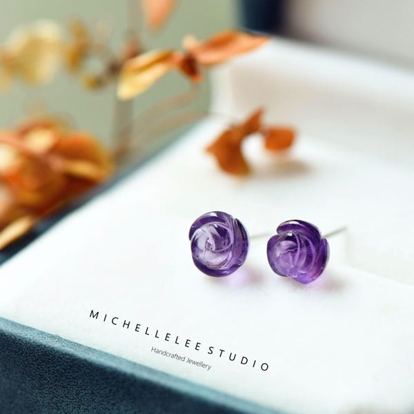 Hand Carved Amethyst Flower Stud Earrings, February Birthstone