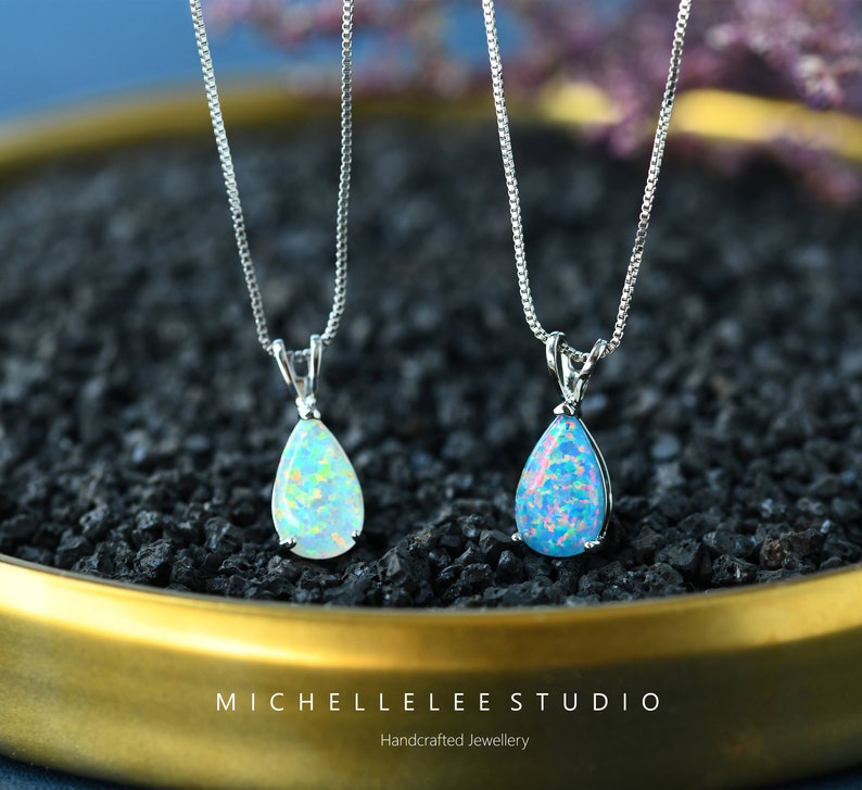 Minimalist Droplet Fire Opal Pendant Necklace, Large Blue Opal and White Opal Pendant Necklace with Matching Earrings, Simple Geometric image 4