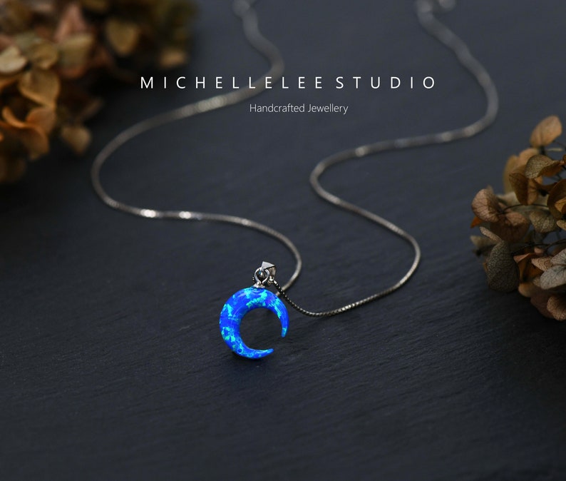 May include: A silver chain necklace with a blue opal crescent moon pendant. The necklace is on a dark background with dried flowers.