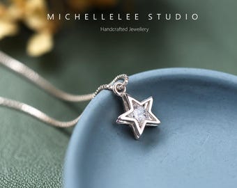 Double Layer Crystal Star Necklace, Sterling Silver CZ Star Pendant, Dainty Celestial Jewellery Gift for Her