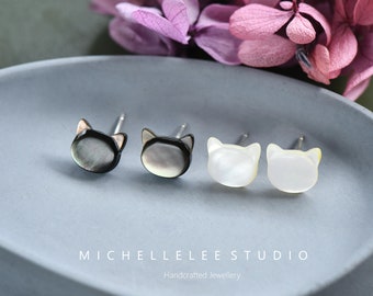 Hand Carved White and Black Cat Stud Earrings, Natural White and Black Mother of Pearl Earrings, Animal Earrings, Gift for Her, Mum