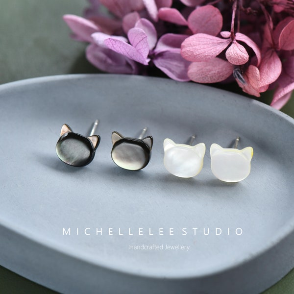 Hand Carved White and Black Cat Stud Earrings, Natural White and Black Mother of Pearl Earrings, Animal Earrings, Gift for Her, Mum