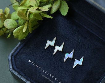 White and Blue Fire Opal Lightning Bolt Stud Earrings, White and Blue Lightning Earrings, Minimalist