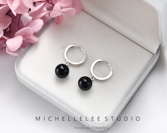 Large Black Onyx Ball Huggie Hoop Earrings, Natural Black Agate Earrings, Minimalist Geometric