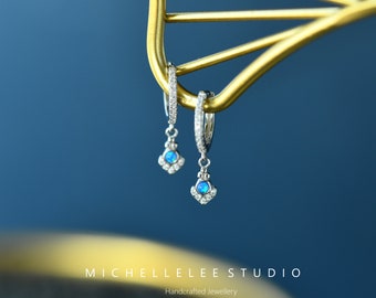 Blue Opal BOHO Style Huggie Hoop Earrings, Gold Over Sterling Silver Earrings with Fire Opal Bead, Minimalist Earrings