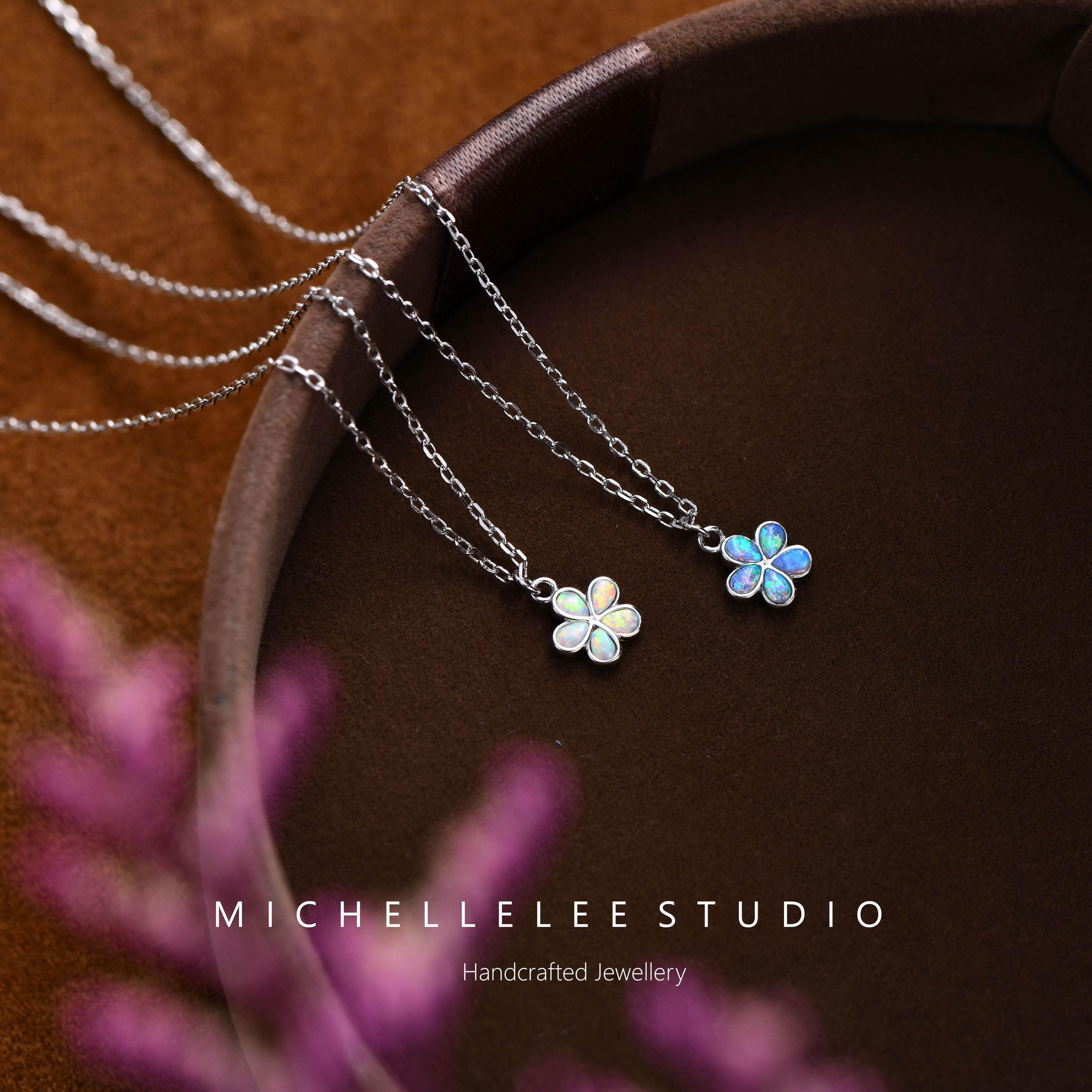 Opal Flower Sterling Silver Necklace, White and Blue Opal Flower Necklace, Gift for her