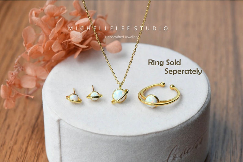 White Fire Opal Planet Stud Earrings, Saturn Earrings, 18K Gold Plated Fire Opal Bead Stud, Minimalist Geometric image 5