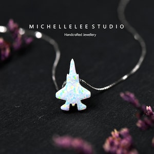 Fighter Jet Opal Necklace, F35 Silhouette, October Birthstone