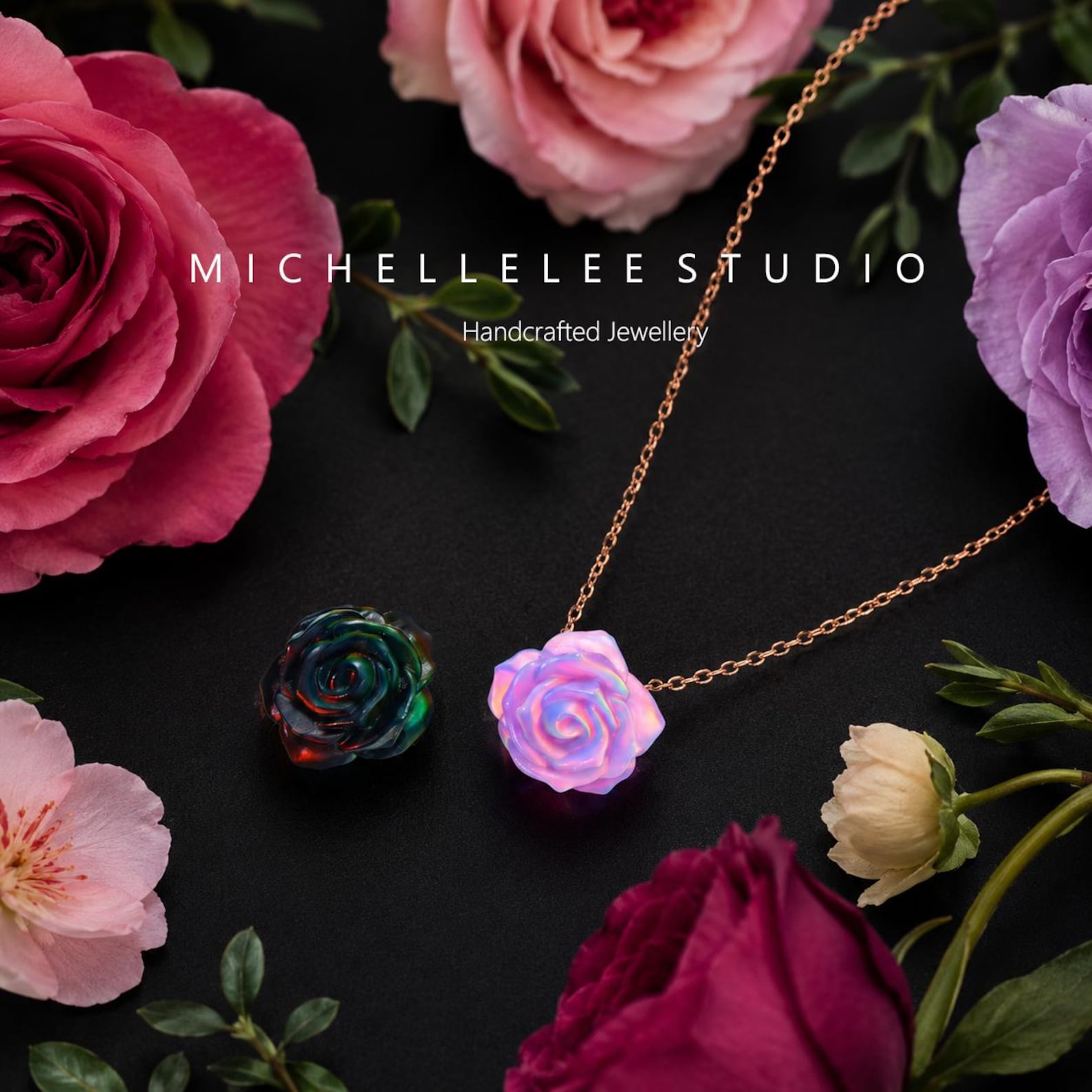 Colours For R Hand Carved Opal Rose Necklace, Multi Colour Flower Pendant Necklace ...