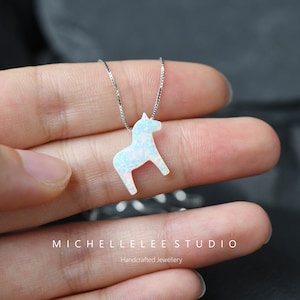 Opal Necklace, Fire Opal Dala Horse Scandinavian Pendent Necklace in Sterling Silver, White Opal Necklace, Dala Horse Necklace