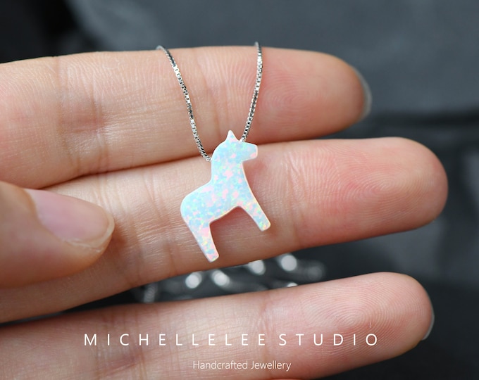 Opal Dala Horse Necklace, Sterling Silver Scandinavian Pendant