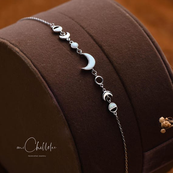 White Opal Moon Phases Anklet, Fire Opal Crescent Moon Sterling Silver Anklet, Gift for Her, October Birthstones