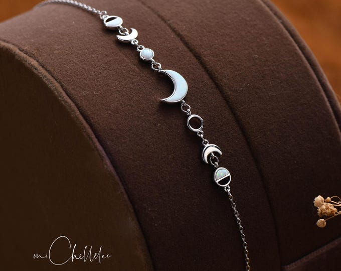 White Opal Moon Phases Anklet, Fire Opal Crescent Moon Sterling Silver Anklet, Gift for Her, October Birthstones