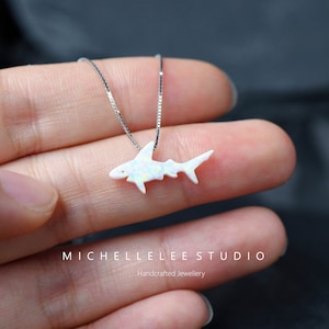 Shark Opal Necklace, Fire Opal Great White Shark necklace, White Opal Necklace, Opal Megalodon Necklace with Sterling Silver Chain