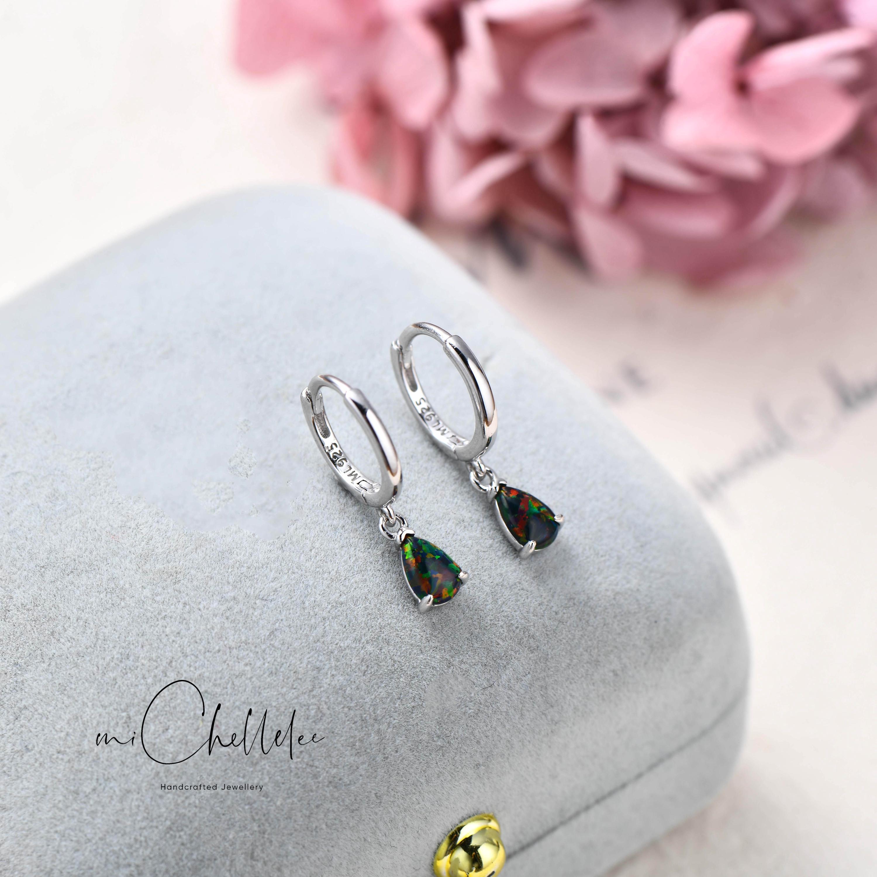 Orecchini A Goccia Con Opale Blu Fuoco E Zirconi, Argento Placcato, Regalo