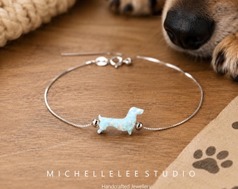 White Opal Dachshund Bracelet, Sterling Silver Sausage Dog Bracelet, Dog Lover Jewellery Gift for Her