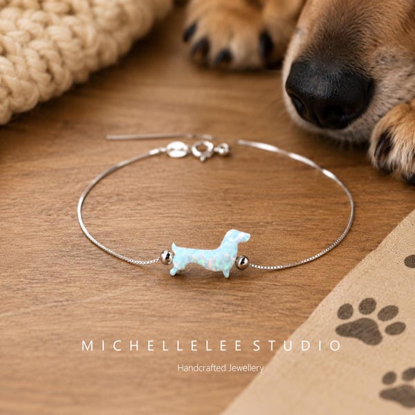 White Opal Dachshund Bracelet, Sterling Silver Sausage Dog Bracelet, Dog Lover Jewellery Gift for Her