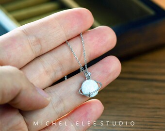 Large Opal Planet Pendant Necklace, White Opal Saturn Necklace, Celestial Necklace, Space Necklace, Gift for Her, Birthstone