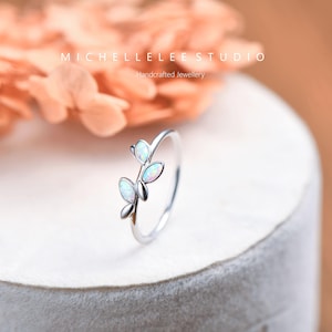 Sterling Silver Opal Cluster Ring, White Opal Bridal Ring, Opal Leaf Ring, Stacking Ring