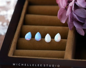 Simple Opal Droplet Stud Earrings, White and Blue Opal Earrings, Pear Cut Opal Earrings, Gift for Her