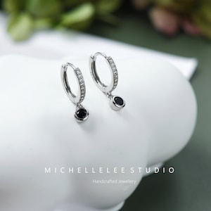 Sterling Silver Huggie Hoops with Crystal Charm, CZ Crystal Hoops Earrings, Tiny Circle Charm Earrings image 5